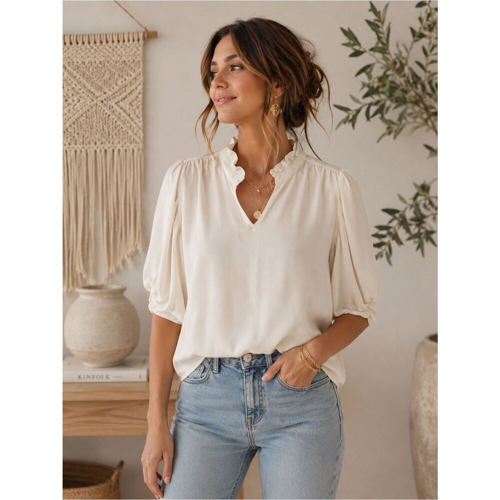Anthropologie Lark & Ro White Blouse with Ruffle Detail